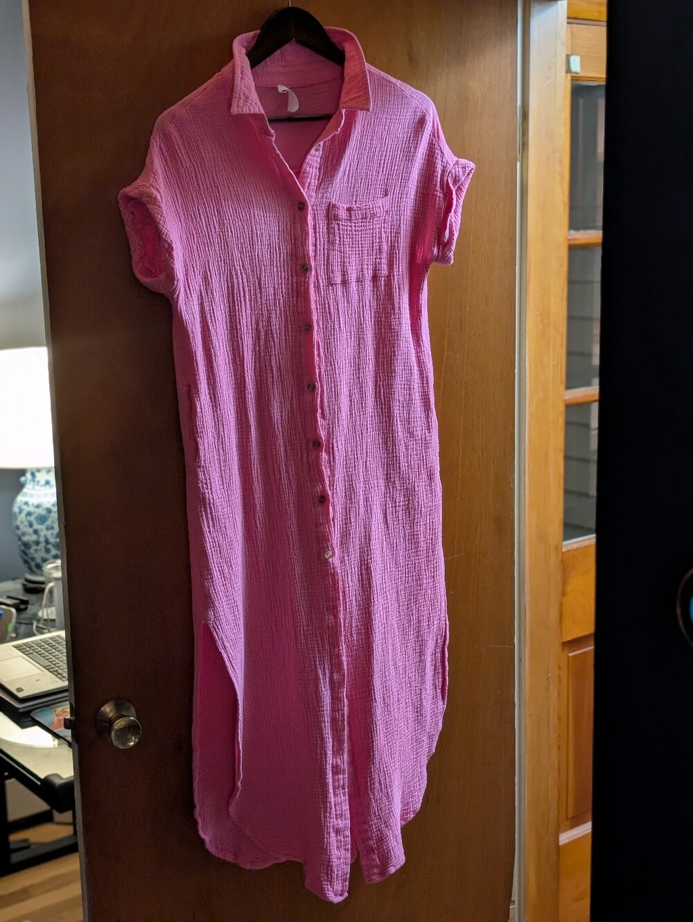 Bluivy Hot Pink Button-Front Maxi Shirt Dress